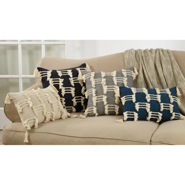 Frayed Design Cotton Throw Pillow - Black - 14 x 23 - Feather Down