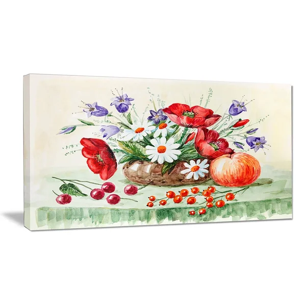 Design Art Colorful Bunch of Flowers and Fruits - Floral Canvas Art Print - Green - 32 in. Wide x 16 in. High