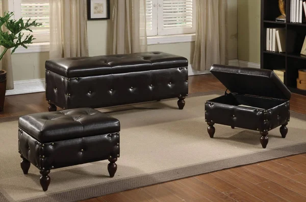 3PC Pack Storage Bench & 2 Ottomans, Brown PU & Espresso - PU, Brown PU & Espresso (285777)