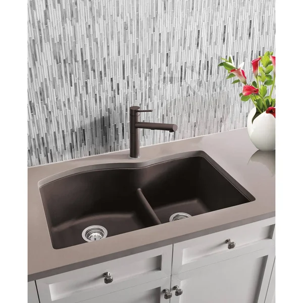 Blanco 441592 Diamond Silgranit Double Bowl Undermount Kitchen Sink with Low Divide, Metallic Gray