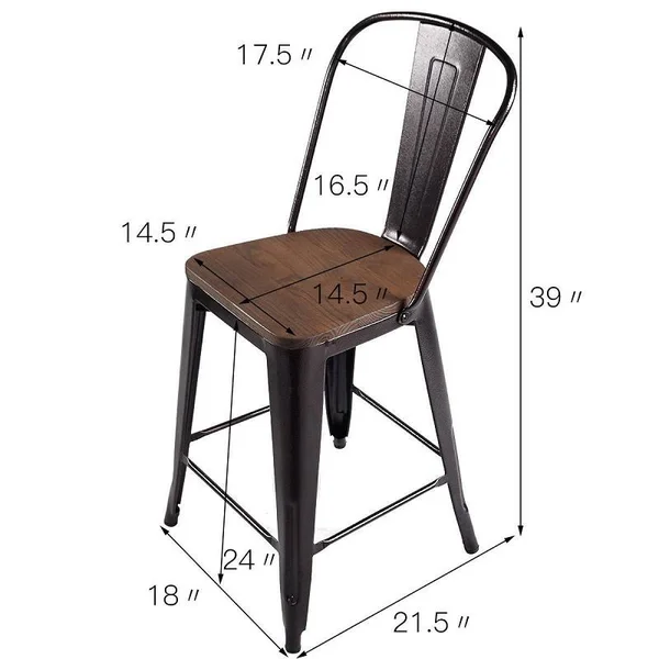 Costway Copper Set of 4 Metal Wood Counter Stool Kitchen Dining Bar Chairs Rustic