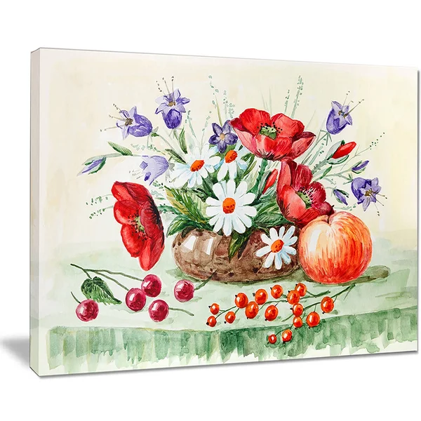 Design Art Colorful Bunch of Flowers and Fruits - Floral Canvas Art Print - Green - 32 in. Wide x 16 in. High