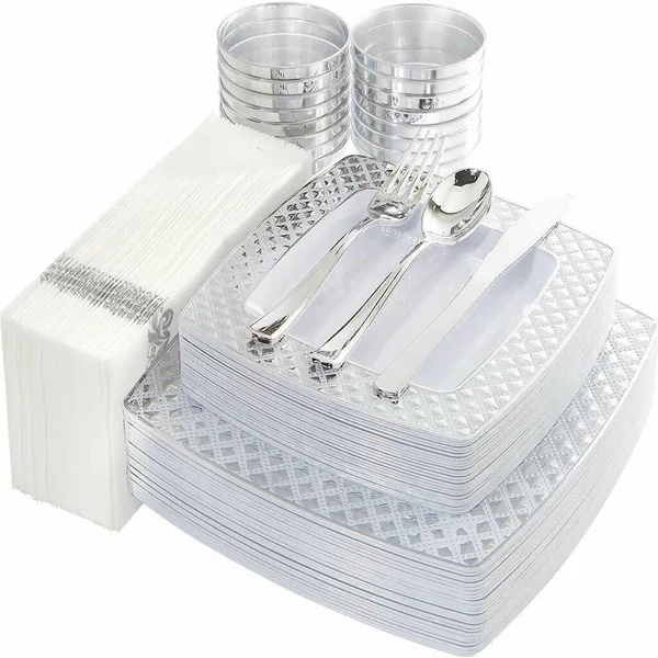 IOOOOO 175PCS Silver Plastic Square Plates with Disposable Silverware & Cups & Napkins - Silver Diamond Tableware 25 Dinn