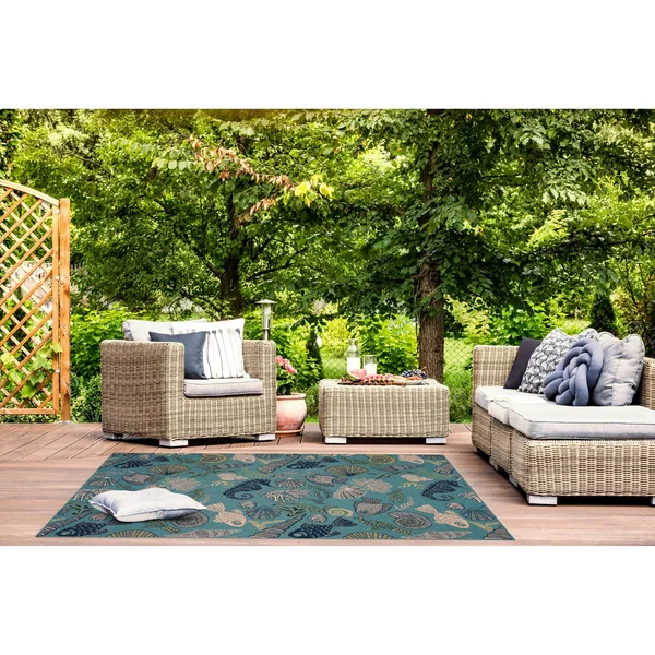 Gad Premium Indoor Outdoor Contemporary Ocean Marine Life Area Rug (7&10 inchx 10&2 inch) Teal - Beige, Green & Navy Blue Coa