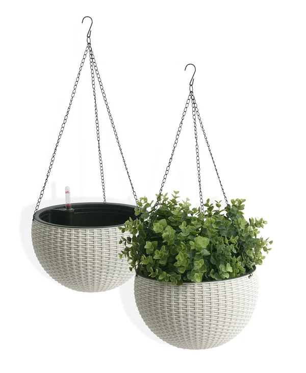 Algreen Wicker 10x22 Hanging Basket Planter Self-Watering Rattan White 2 Pack