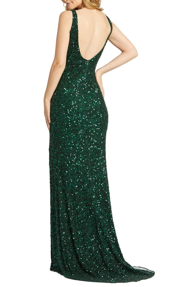 Mac Duggal Sequin Slit Gown Forest Green