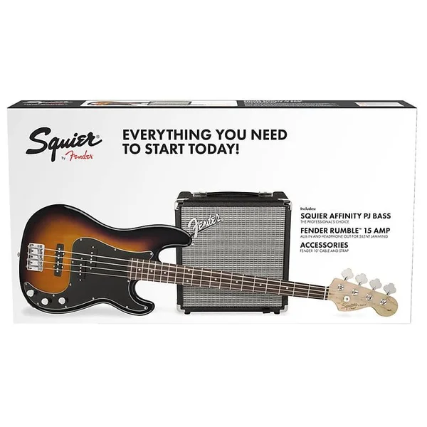Squier 030-1972-032 Affinity Series Precision Bass PJ Pack with Rumble 15 Combo - Indian Laurel Fretboard Brown Sunburst