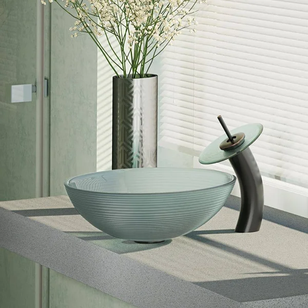 Rene R5-5034-WF-ABR Foil Undertone Glass Vessel Sink with Antique Bronze Waterfall Faucet - Sink Ring, and Vessel Pop-Up Drain