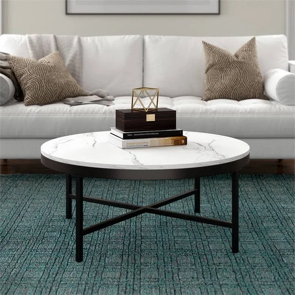 Hennu0026Hart Blackened Bronze Coffee Table with Faux Marble Top - CT0997