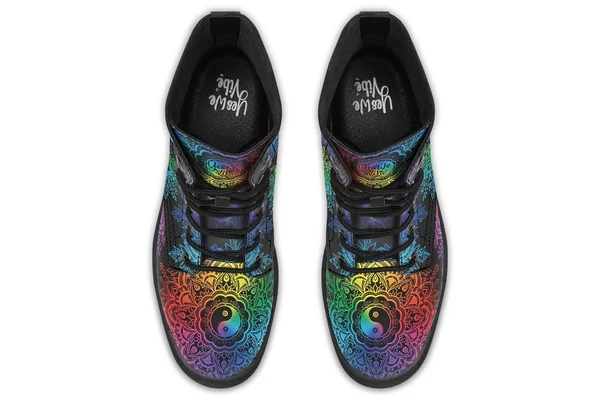 Colorful Yin Yang Boots - Black Mandala Vegan Boots, YesWeVibe Men's Boots, Black Sole, US 12, EU46