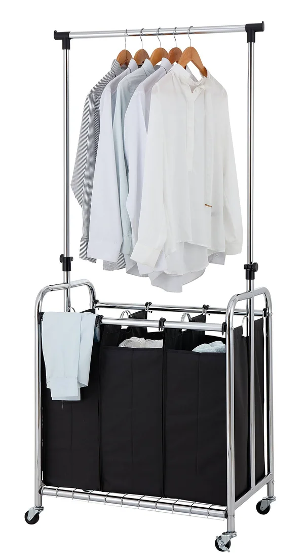 Finnhomy 3-Bag Rolling Laundry Sorter Cart with Hanging Bar Heavy-Duty Wheels Larger Bags Chrome