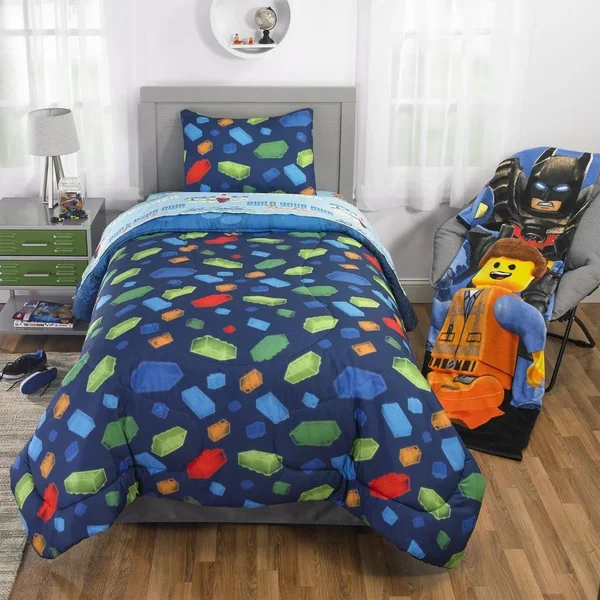 The Lego Movie 2 Kids Bedding - 2pc Comforter and Sham Set, Twin/Full, Lets Build Together, Blue