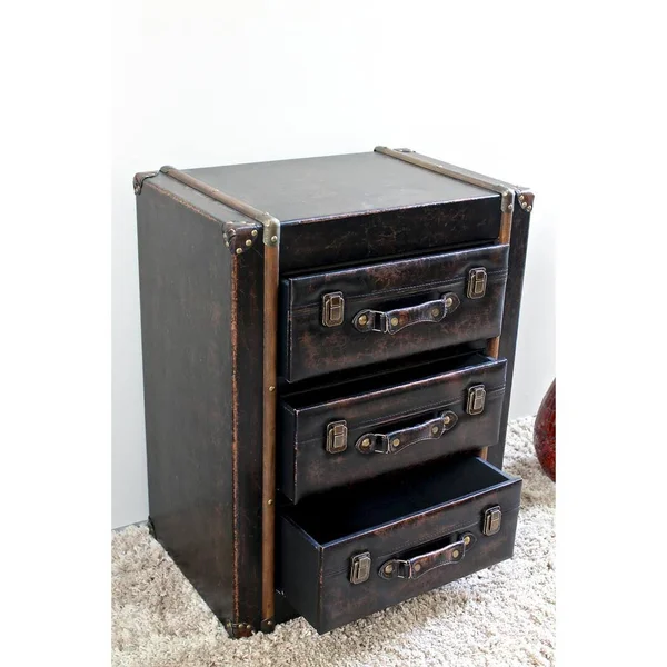 International Caravan 3 Drawer Faux Leather Chest Antique Black