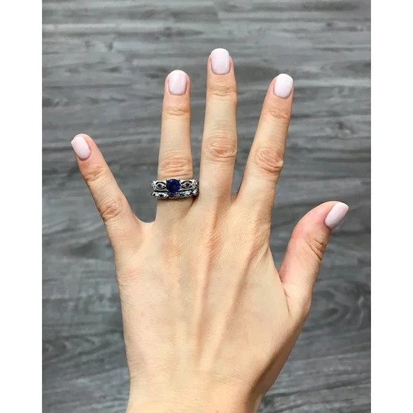 Miadora 10K White Gold Created Blue Sapphire 1/10ct TDW Diamond Vintage Bridal Set - 9