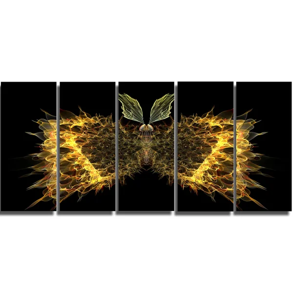 Design Art Golden Fractal Butterfly in Dark - Large Abstract Art Canvas Print - Yellow - 60 in. Wide x 28 in. High - 5 Equal Pane