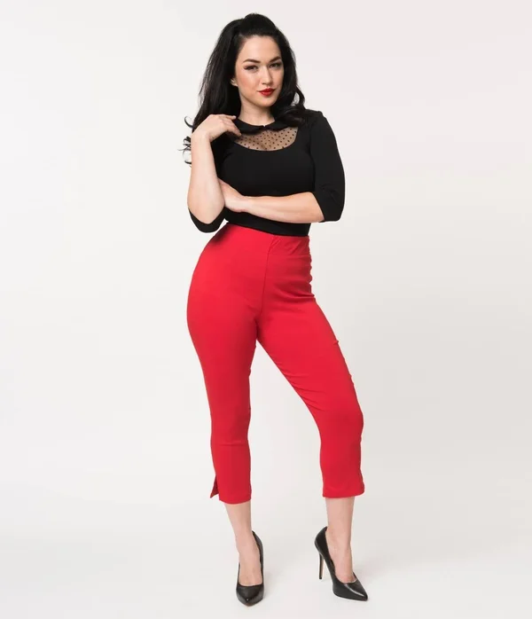 Unique Vintage Red High Waist Rachelle Capri Pants - Size M/6-8