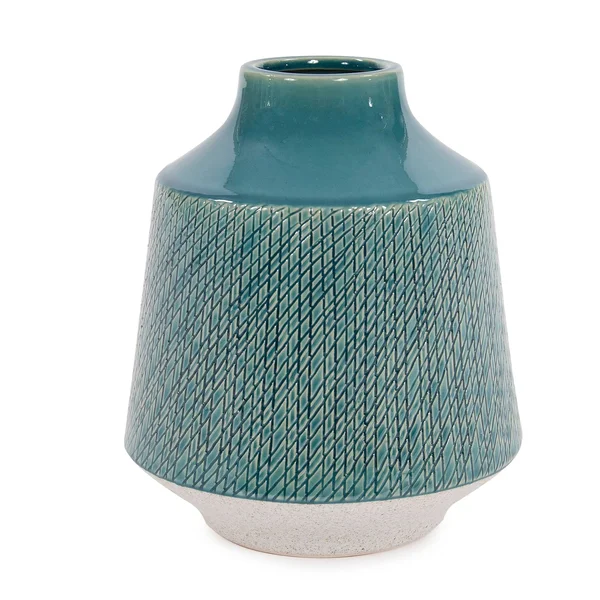 Cross Hatched Sea Blue Ceramic Round Vase - 9H x 8W x 8D