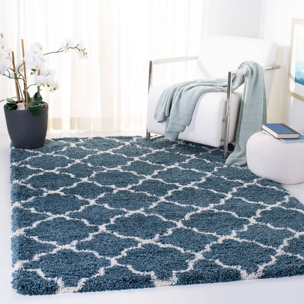 Safavieh Hudson Shag Vitchka Glam Trellis 2-Inch Thick Rug - 5& x 5& Round - Slate Blue/Ivory