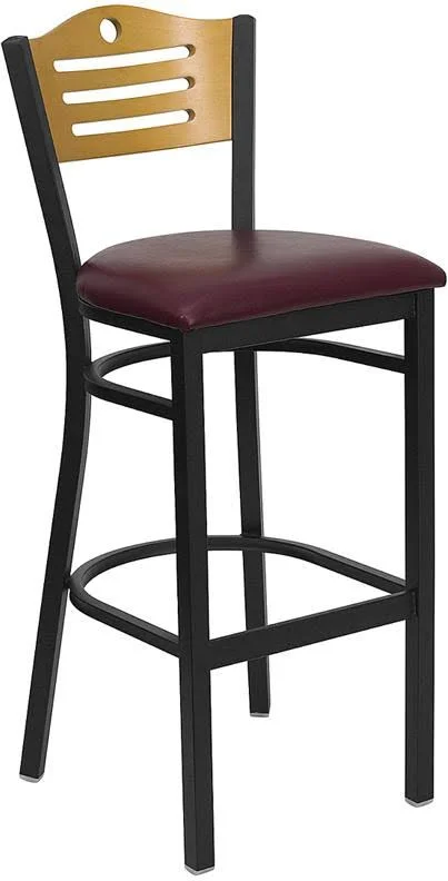 Ergode Series Black Slat Back Metal Restaurant Barstool - Natural Wood Back Burgundy Vinyl Seat