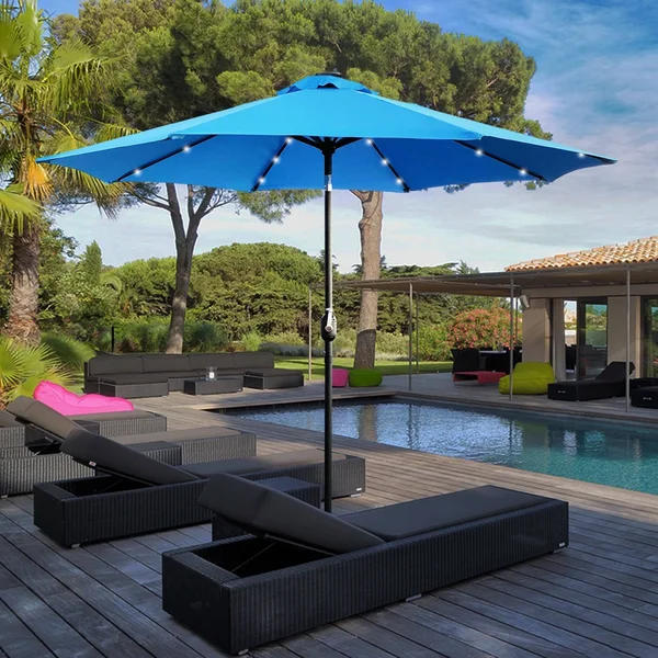 Maypex 9 ft. Steel Market Crank and Tilt Round Solar Light Patio Umbrella in Black and White