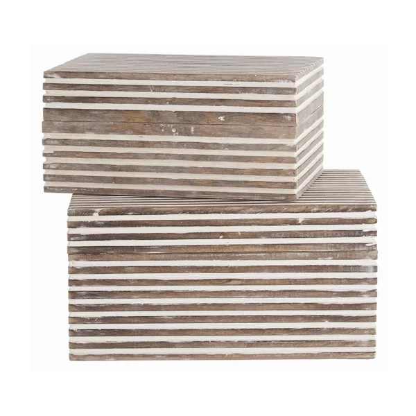 The Urban Port Block Stripe Pattern 2 Piece Rectangular Wooden Jewelry Box - Whitewash