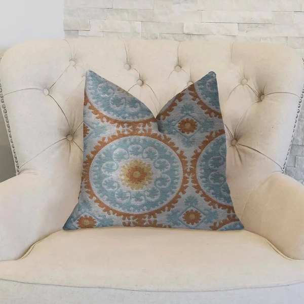 Plutus Sunset Cottage Orange - Blue and Ivory Luxury Throw Pillow