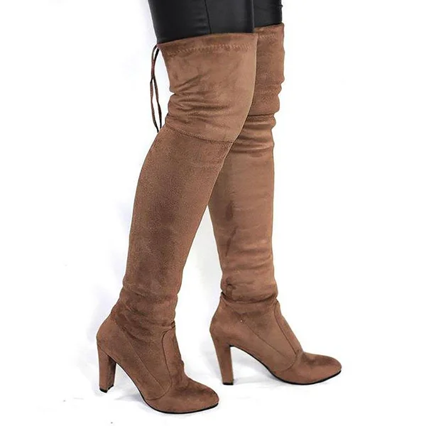 Women's High Boots Over The Knees Stretch Tight Faux Suede Brown 10