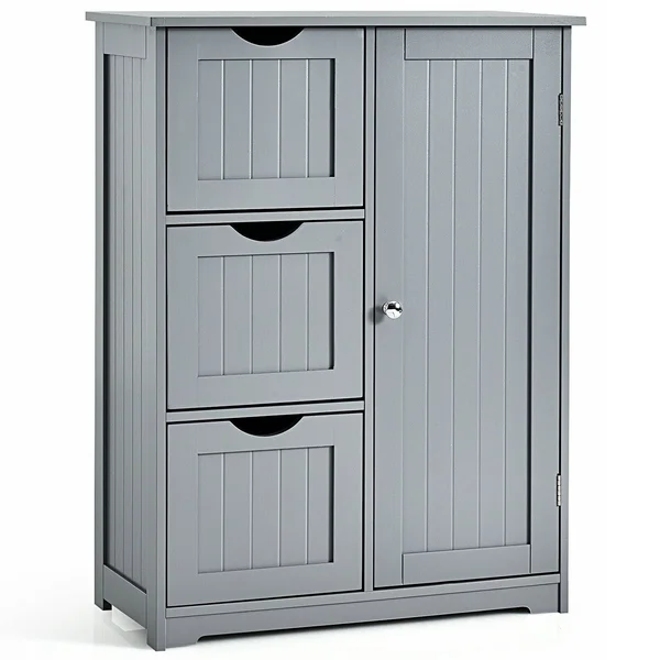 Bathroom Floor Cabinet Side Storage Cabinet with 3 Drawers and 1 Cupboard - 24x22 x 12x22 x 32x22(L x W x H) - Grey