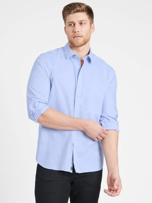 Banana Republic Men's Untucked Slim-Fit Non-Iron Dress Shirt Basic Blue Size S