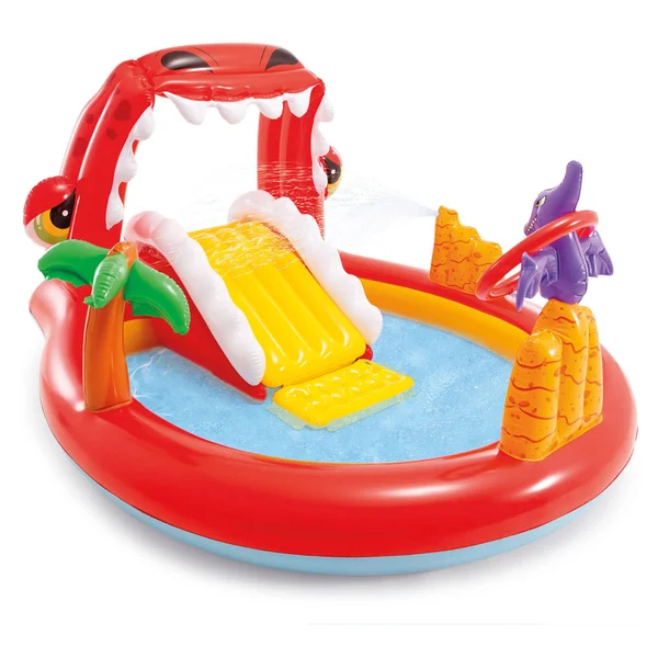 Intex Happy Dino Outdoor Inflatable Kiddie Pool Play Center with Slide