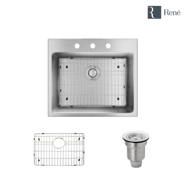 Rene R1-2015-18 Single Bowl Topmount 3/4x22 Radius Stainless Steel Kitchen Sink in 18-Gauge with Grid and Basket STRAINER