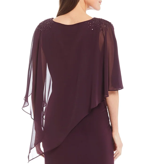 Ignite Evenings Chiffon Asymmetric Overlay Beaded Shoulder Detail Round Neck Sheath Dress - 6
