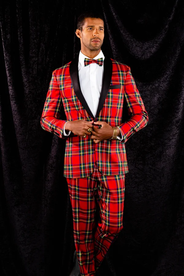 The Rockefeller - Tartan Plaid Tuxedo, Size 52, Black/Red, Shinesty