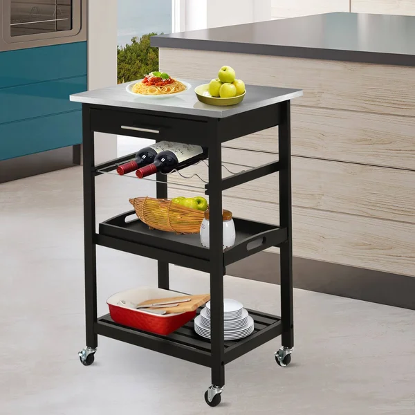 HOMCOM Kitchen Utility Cart Pine 3-Tier Multifunction Kitchen Rolling Island Cart with Open Storage Shelves Wine Rack & Stai