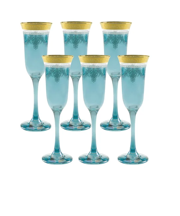 Lorren Home Trends Blue Flutes with Gold Band (Set of 6)