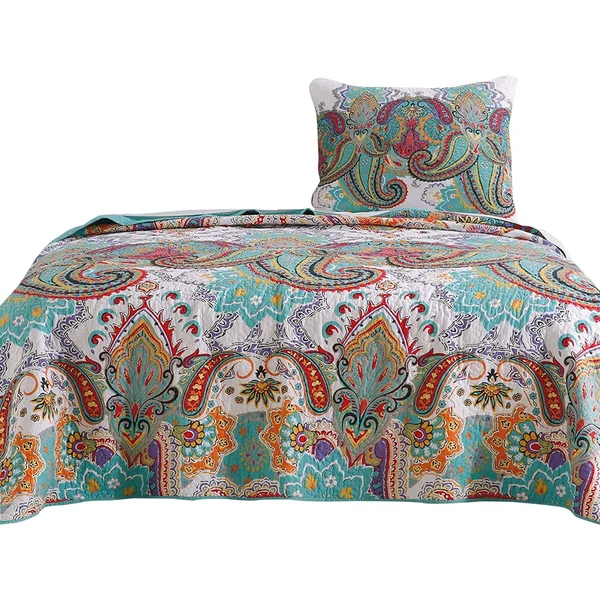 Benjara BM42333 Cotton Quilt Set with Paisley Print Teal Blue - Twin Size - 2 Piece