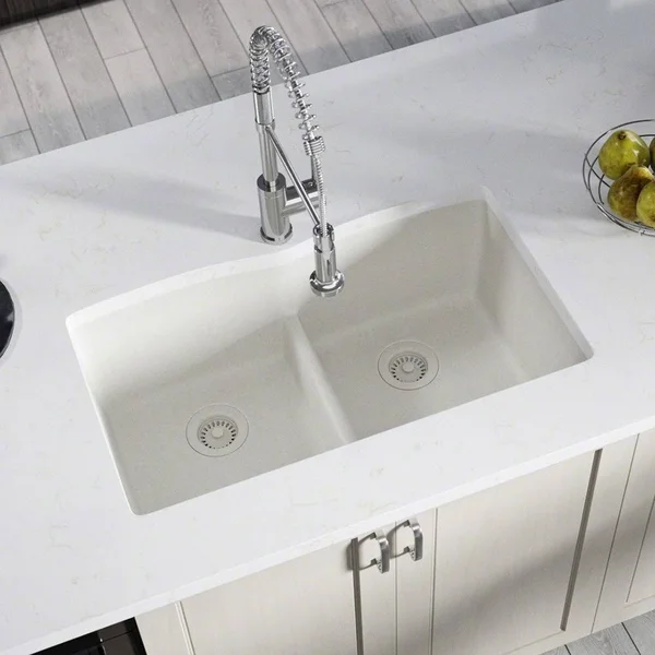 Mr Direct White Quartz Granite 33 in. Double Bowl Undermount Kitchen Sink with Matching Strainers