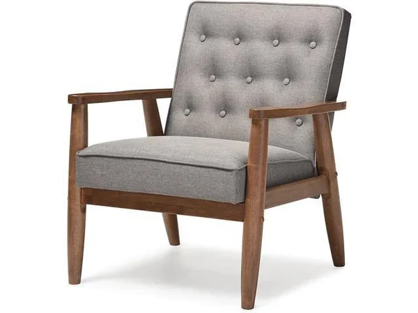 Baxton Studio Sorrento Mid-Century Retro Modern Fabric Upholstered Wooden Lounge Chair, Grey (Set of 2)