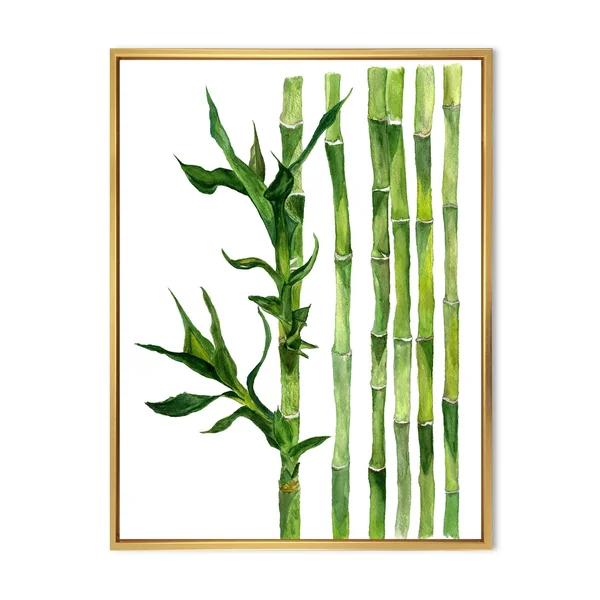 Designart 'Bamboo Branches in The Forest III' Tropical Framed Canvas Wall Art Print - 16 in. Wide x 32 in. High - Gold