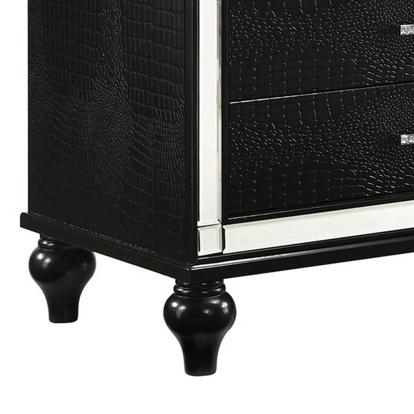 3 Drawer Wooden Nightstand with Mirror Accents and Faux Crystal Pulls - Black