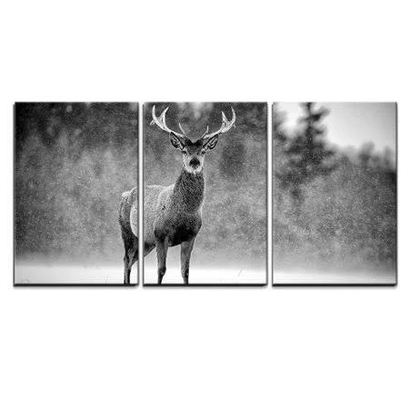 Wall26 - 3 Piece Canvas Wall Art - Red Deer Stag Cervus Elaphus in The Scottish Winter Snow Black White Image - Modern Home Deco