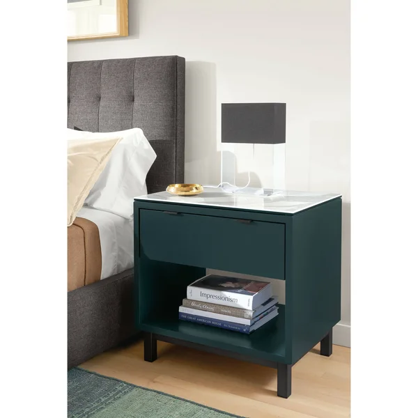 Room & Board, Modern Copenhagen One-Drawer Nightstand Made from White Wood, Aluminum Pulls w/ Stainless Steel Frame Base