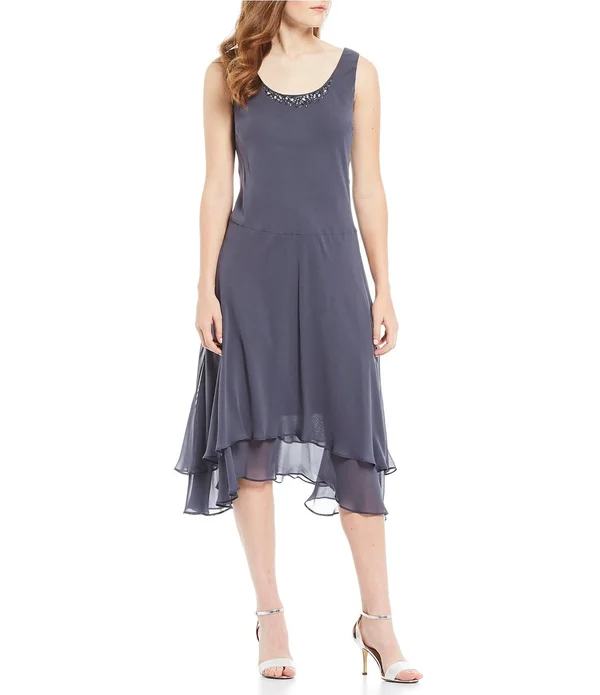 Ignite Evenings Sequined Shoulder Midi Length Jacket Dress - Steel 12