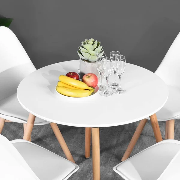 FurnitureR White Rookie Top Rectangular Dining Table with Round Beech Wood Legs