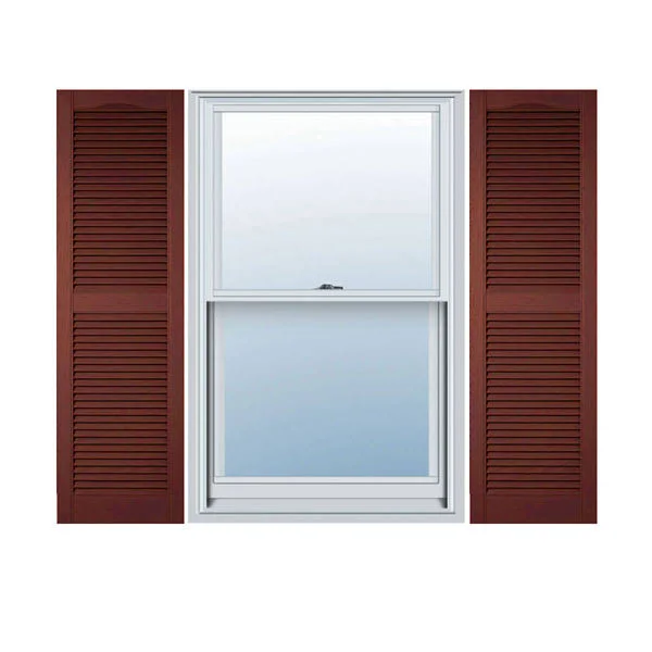 18 inchw x 73 inchh Lifetime Vinyl - Custom Cathedral Top Center Mullion, Open Louver Shutters, w/Shutter-Loks (Per Pair), Burgun