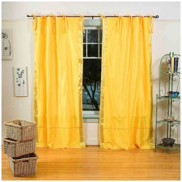 Yellow Tie Top Sheer Sari Curtain - Drape, Panel - Pair