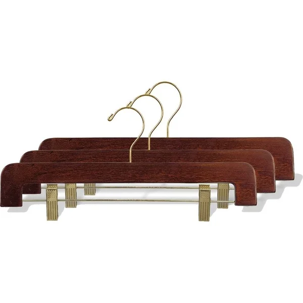 International Hanger Deluxe Wooden Bottom Hanger W/CLIPS - Walnut Finish with Brass Hardware, Box of 25