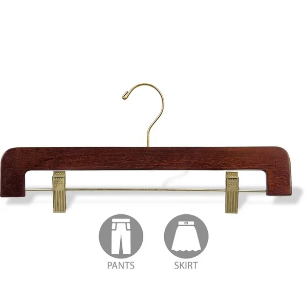 International Hanger Deluxe Wooden Bottom Hanger W/CLIPS - Walnut Finish with Brass Hardware, Box of 25