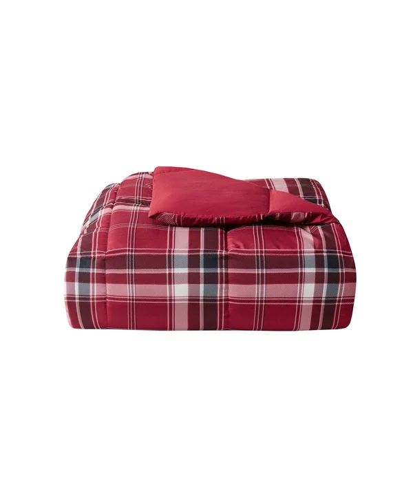 Essentials by Martha Stewart Collection Reversible Plaid Twin Comforter, Created for Macy&s - Red Prestin