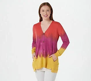 Logo by Lori Goldstein Hand Dyed Button Front Cotton Cardigan - Size Large, Poinciana Combo